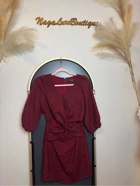 Burgundy Twist-Waist Dress Puff Sleeve Size M-L